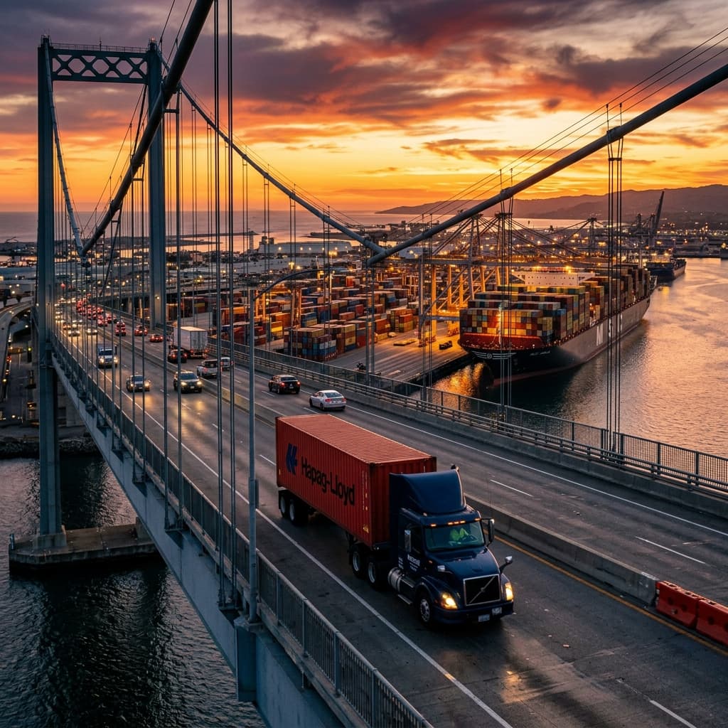 A cargo container truck driving on a bridge near a port terminal
