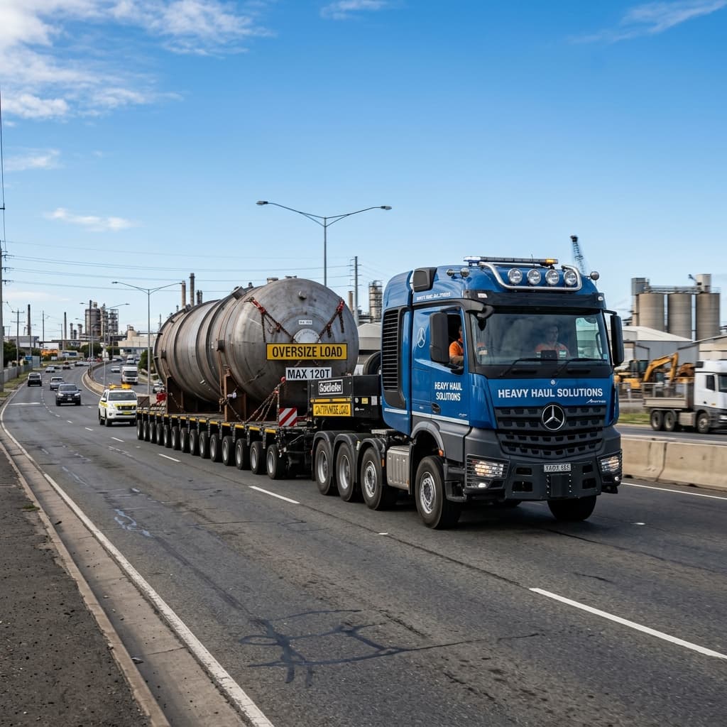 A long multi-axle heavy-duty trailer truck transport on an industrial road corridor
