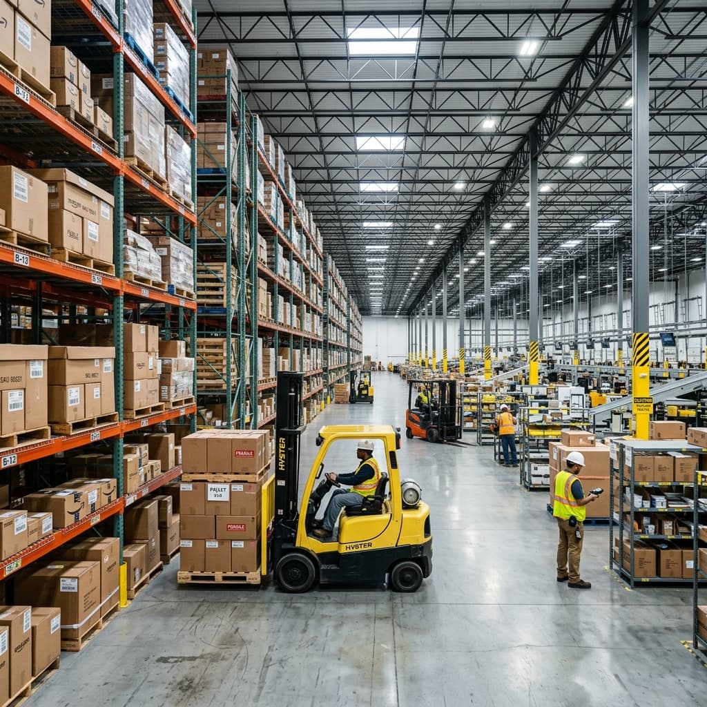 Interior view of a modern clean industrial warehouse with high storage racks