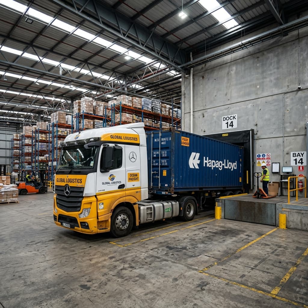 A fully loaded container cargo truck parked inside a modern distribution facility warehouse dock