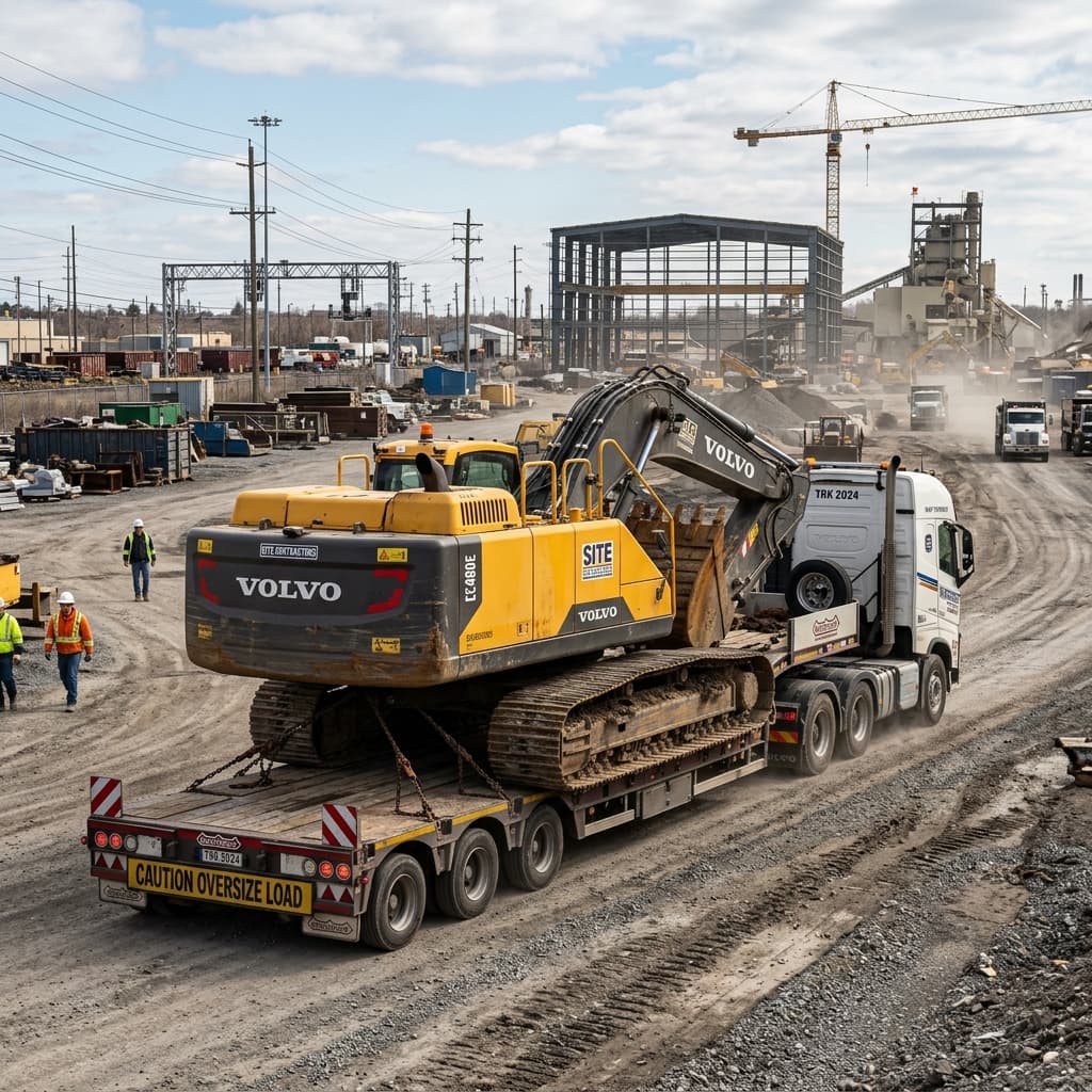 Heavy construction excavator machinery loaded on a flatbed trailer transport truck