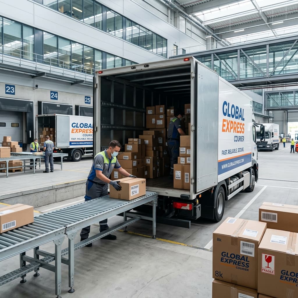 A courier cargo delivery truck being loaded with parcel boxes at a logistics terminal