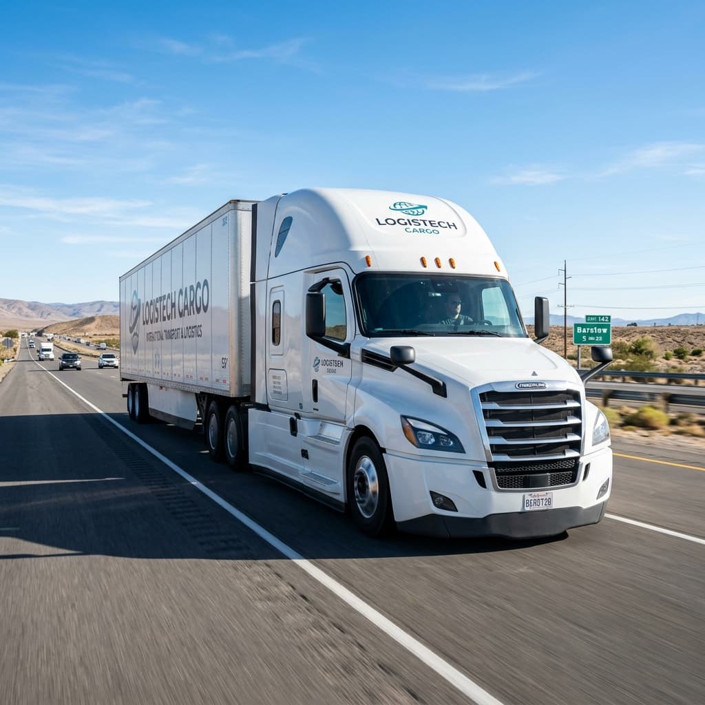 Sleek transport cargo truck driving on a clean highway under bright daylight